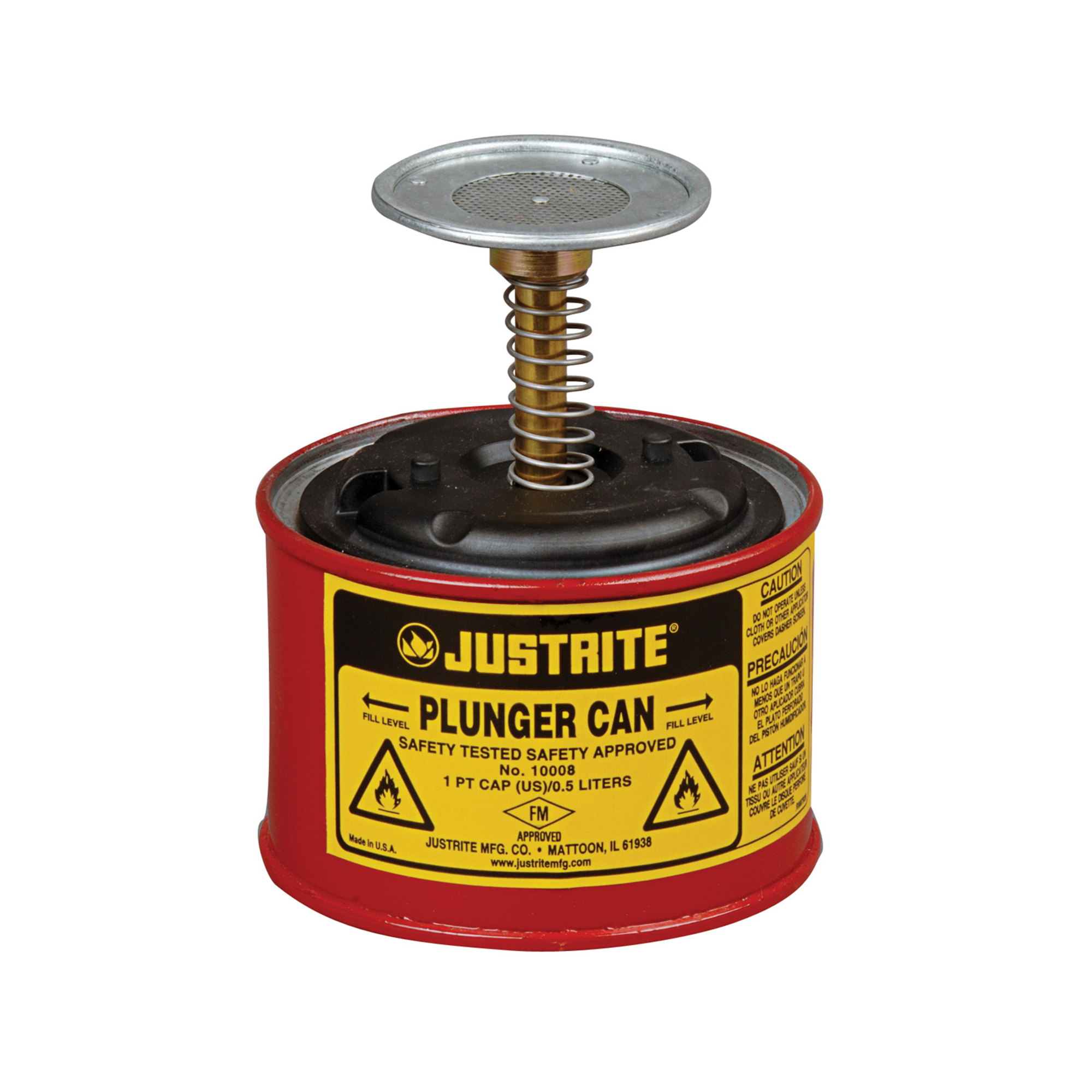 Justrite Steel Plunger Dispensing Can — 1 Pint, Perforated Pan Screen, Flame Arrester, Red, Model# 10008
